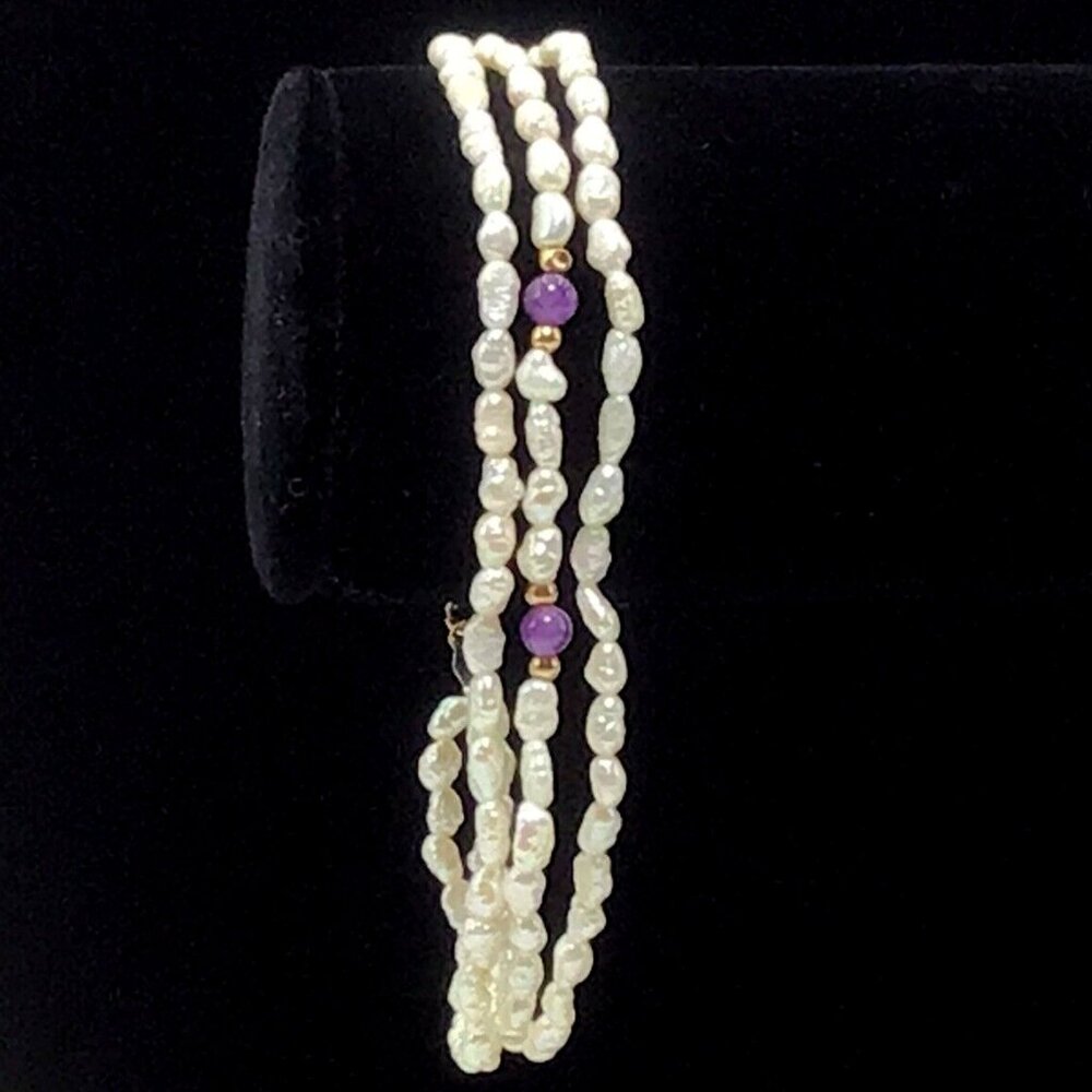 Freshwater Pearl Bracelet 14K Yellow Gold Beads And Clasp Purple Beads 7.75”